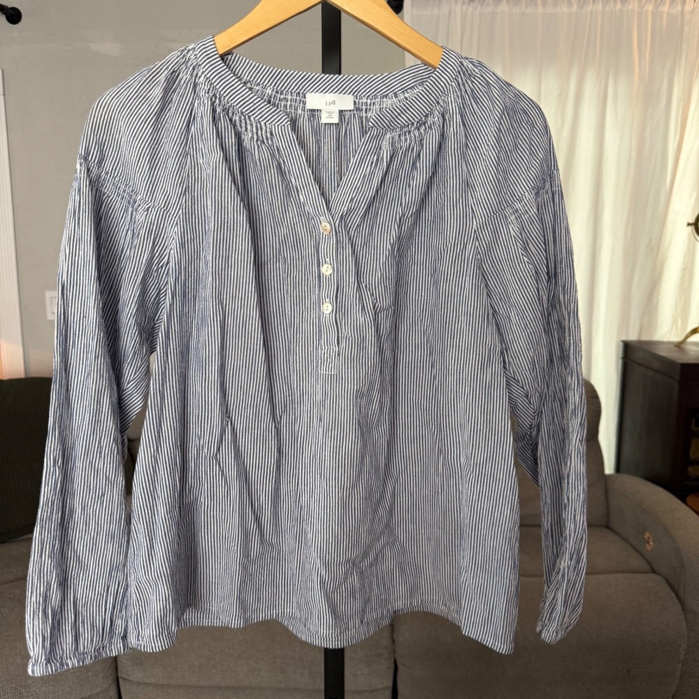 J. Jill Blouse XS Petite Blue White Striped Cotton V-Neck Long Sleeve Coastal